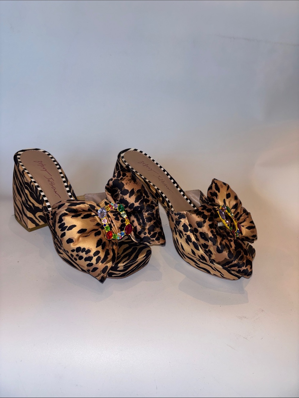 Betsey Johnson Leopard-Print Bow Mules with Jewel Buckle